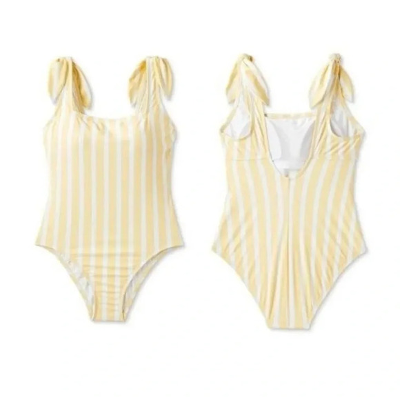 Sz. L Kona Sol Women's Striped Square Neck One Piece Swimsuit Yellow (JJ3) - Picture 2 of 15